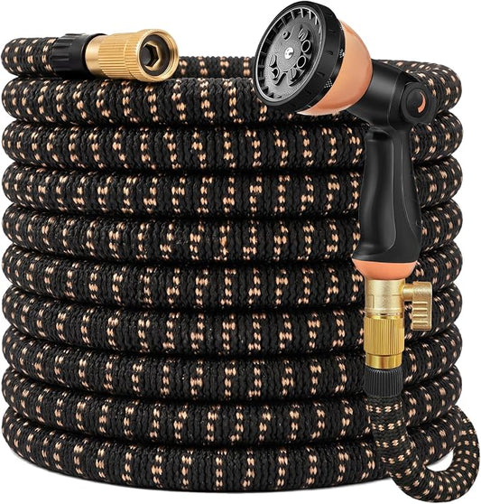 100 ft Expandable Garden Hose, Lightweight Expanding Water Hose with 10 Function Nozzle, 3/4" Solid Brass Fittings, 5-Layer Latex Core, No-Kink Flexible Retractable Hose for Patio, RV, Car Washing
