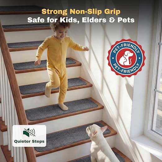 MBIGM Carpet Stair Treads for Wooden Steps, 7 Pack, 8" x 30", Grey Stripe | Four-layer polyester carpet with PP grid base, nonwoven cushion and TPR adhesive backing adds indoor traction and comfort
