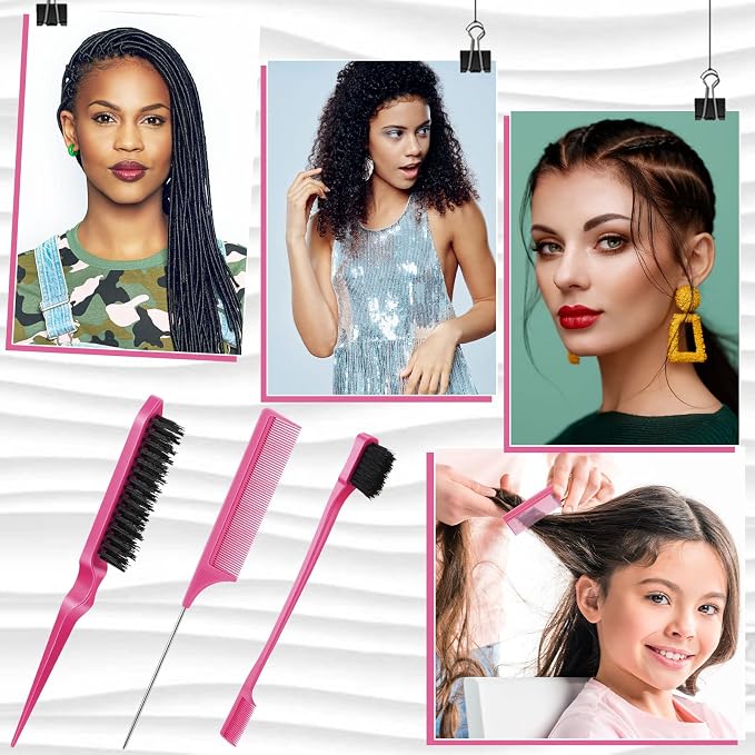 Geiserailie 3 Pcs Slick Back Hair Brush Set Bristle Brush Edge Control Teasing Comb for Women Black Hair(Rose Red)