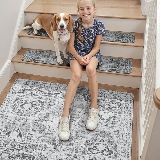 Stair Treads Non-Slip Landing Rug 31"x31" Matching Mat for Wooden Steps | Square Capet Stair Treads Rubber Backing Stair Runner Anti-Slip Stair Landing Mat