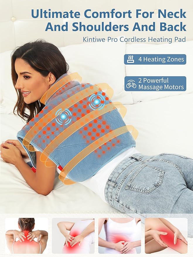 Heating Pad for Neck and Shoulders and Back with Battery,Portable Heated Pad with Vibration Massager and 3 Heating Modes,Weighted Electric Heat Pad,16.9'' x 23.6'' (Sky Blue)