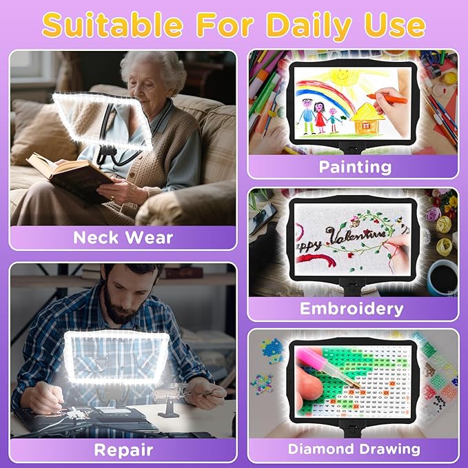 Large 10X Rechargeable Magnifying Glass for Reading with Light Hands Free Magnifying Glass Neck Wear Magnifier with 50 Led Lights Full Book Page Magnifier for Seniors Low Vision Elderly