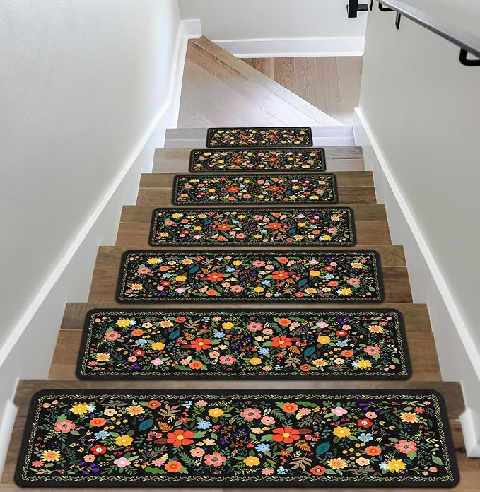 Floral Stair Treads for Wooden Steps Non-Slip 8"X30" 15PCS Flower Stair Carpet Rubber Backing Stair Runner Reusable Stair Rugs Indoor Safety Stair Mats for Elders Kids Dogs Black