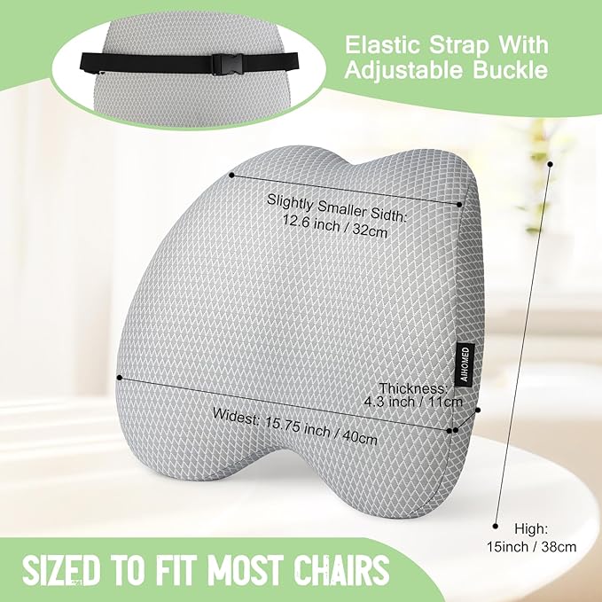 Lumbar Support Pillow Office Chair Car Back Pillow Ergonomic Lower Back Pain Relief Breathable Air Fiber Cushion with Hours Sitting on Worker Driver & Handicapped, Adjustable Strap (Light Gray)