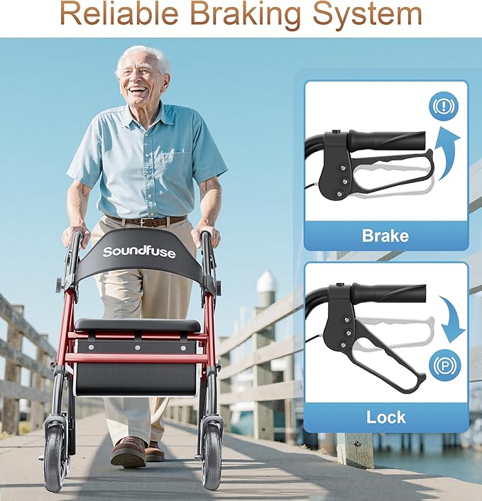 Rollator Walkers for Seniors with Seat, Foldable Lightweight Rolling Walker with 8" Big PU Wheels, Ergonomic Seat, Dual Height Adjustment