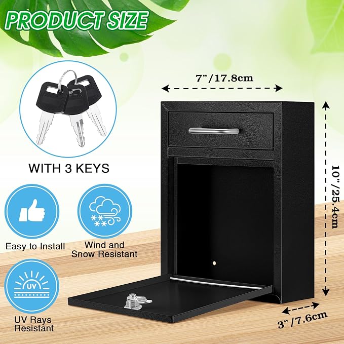 Yaocom Locking Mailbox with Key for Outdoor 10 x 7 x 3 Inches Small Wall Mount Mail Box with Lock Security Mail Drop Metal Collection Boxes Hanging Secure Postbox(Black)