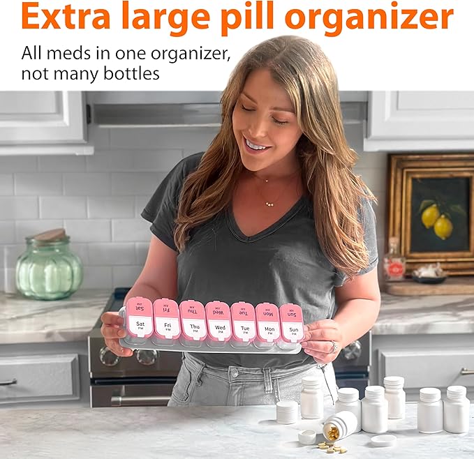 Extra Large Weekly Pill Organizer - XL Vitamin Holder with 7 Detachable AM PM Compartments - Portable Medicine Dispenser for Home and Travel, Big Supplement Container for Weekly or Daily Use, Pink