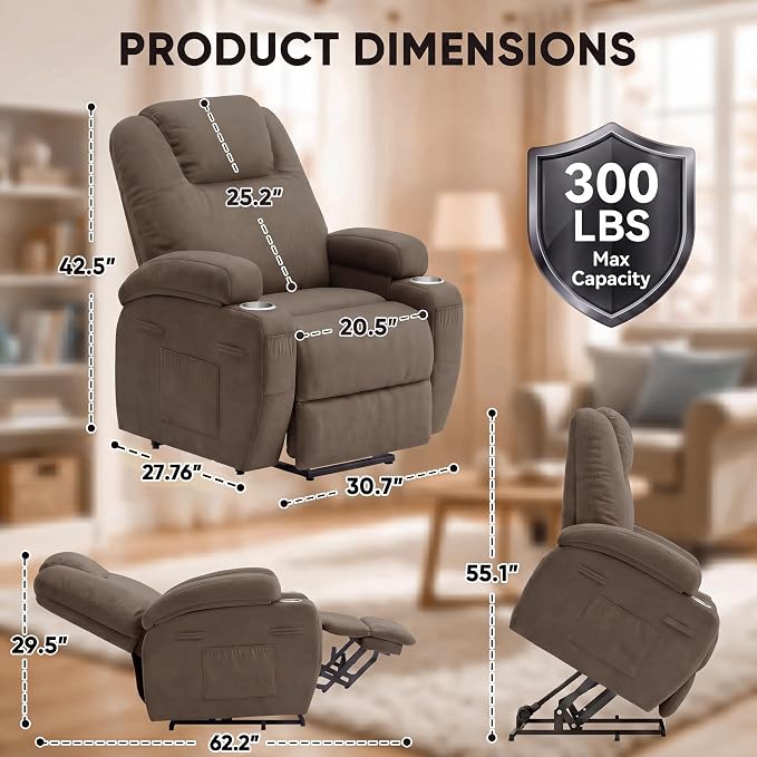 Flamaker Power Lift Chair Massage Recliner Chairs for Elderly | Ergonomic Lift Recliner Design with Cup Holders & Side Pockets, Remote Control (Dark Brown)