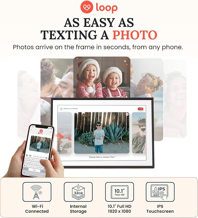 Loop Pro WiFi Digital Picture Frame 10.1 Inch - Full HD 1920x1080 with Touchscreen - Electronic Photo Display - Send Photos & Videos - Frame Gift for Family, Parents & Grandparents