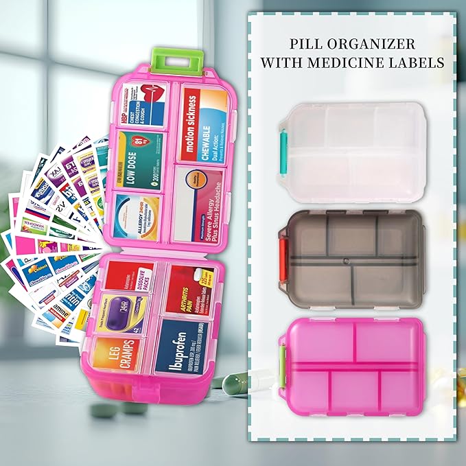 Large Pill Organizer with Medicine Labels, Travel Daily Pill Container, Mini Medication Organizer, 7-Day Pill Case, Set of 3 (Pink+White+Grey)
