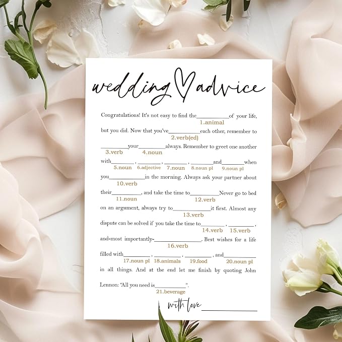 Bridal Shower Game Cards – Wedding Advice for The Bride and Groom, Fun Engagement Party Icebreaker for Guests, 25 Pack Minimalist White Wedding Party Supplies - A06