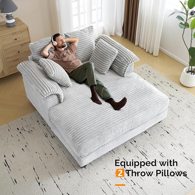 VINGLI 56" Oversized Chaise Lounge Chair, Light Grey Comfy Corduroy Chaise Sofa Recliner Bed Upholstered Sleeper Couch Bed with Throw Pillows and Armrests for Living Room, Movie Room, Bedroom