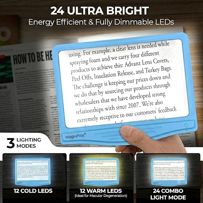 MAGNIPROS 5X Rechargeable LED Page Magnifier with Foldable Stand, Hands-Free Lighted Magnifier with 3 Color Modes, Anti-Glare Lens for Reading Small Print, Low Vision, Seniors, Crafts