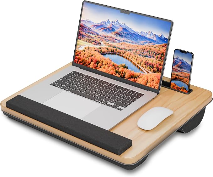 HETTHI Portable Lap Desk, Laptop Stand for Bed with Soft Wrist Rest, Tablet/Phone Slot, Fabric Handle, Laptop Bed Desk with Cushion (Light Brown)