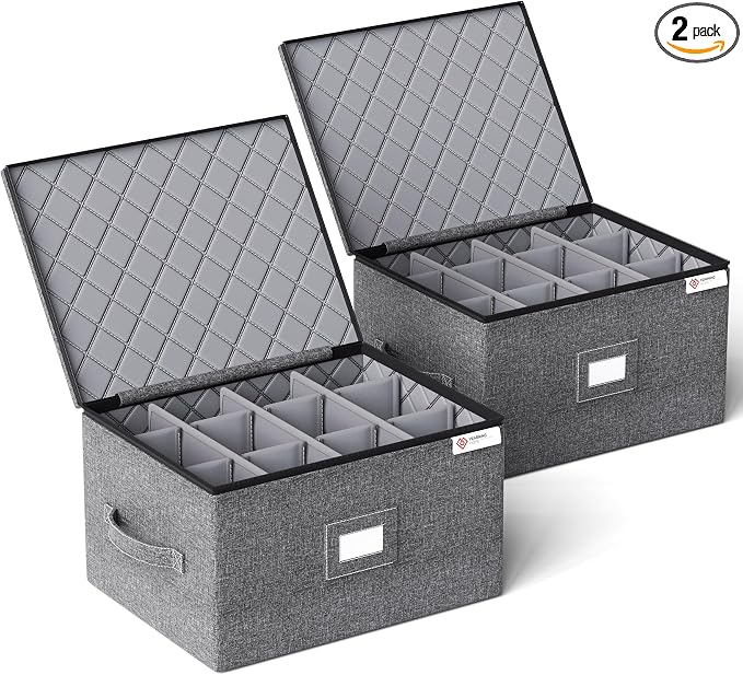 YearningHome 2 Pack Wine Glass Storage Box with Dividers,Stemware Storage Cases with Sturdy Handle and Hard Shell for Glassware Crystal Storage,Transport and Moving,Holds 12,Grey