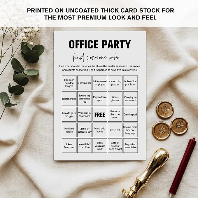Find Someone Who Bingo Cards, 25 Unique Randomized 5x7 Sheets, Get to Know You Bingo Game for Adults, Ice Breaker Office Party Games, Team Building Games for Work, High Replay Value - B005
