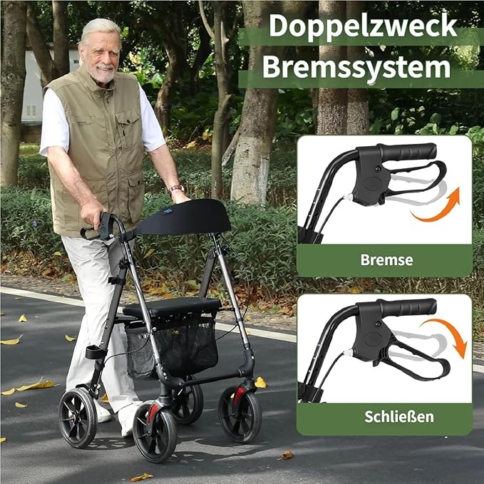 WALK MATE Walkers for Seniors, 4 x10 Inch Big Wheels Rollator Walker with Seat 350lb Weight Capacity Foldable All Terrain Rolling Walker, Lightweight Mobility Aid with Adjustable Height, Grey