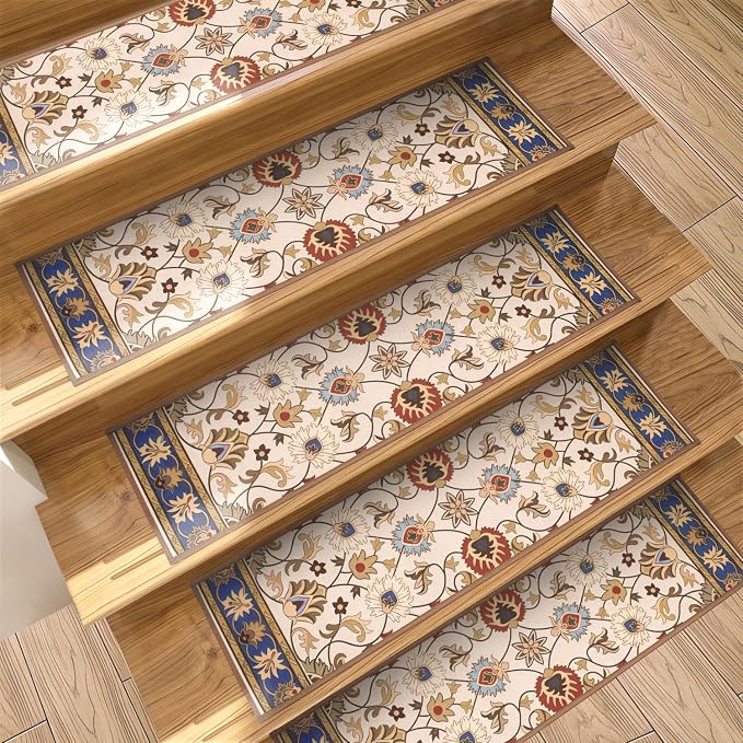 GIB Stair Treads for Wooden Steps Indoor, 15 Pack 8" X 30" Non Slip Carpet Stair Treads with Reusable Adhesive for Kids Elders and Dogs, Boho Vintage Oriental Stair Runner, Ivory