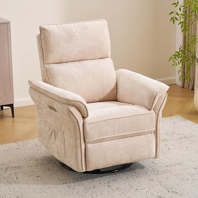 Power Nursery Recliner with Auto Rocking,Oversized Swivel Rocker Recliner with Massage and Heat,Glider Recliner Nursery Chair with Adjustable Headrest for Living Room and Bedroom,Beige