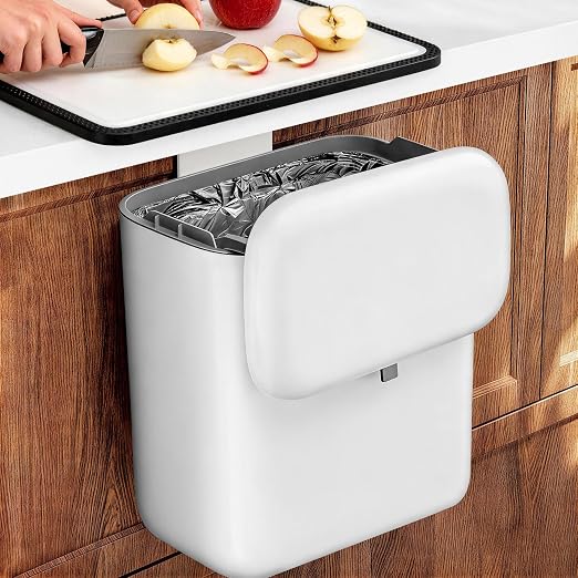 Hanging Trash Can with Lid, Kitchen Compost Bin, Waterproof Odor-Blocking Countertop Trash Can for Cabinet Door, Under Sink, Bathroom, RV and Office