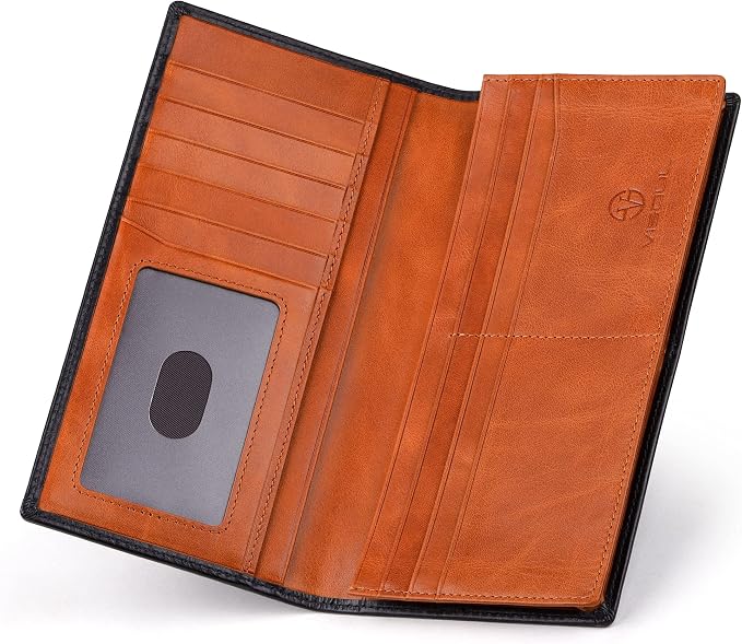 VISOUL Leather Checkbook Cover Wallet for Men with RFID Blocking, Mens Long Bifold Cash Tall Wallet with 11 Credit Card Slots 1 ID Window (Black and Orange)
