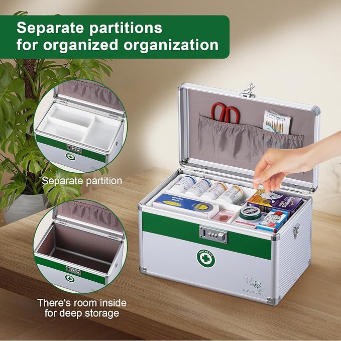 Medicine box with lock 15.9 x 9.3 x 8.9Inches [Extra Large] | Medication Lock box ，First Aid Key Safe Box with Lock, Medical Box Organizer