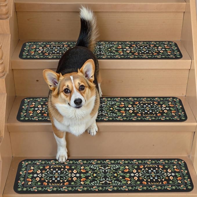 OJIA Floral Stair Treads Non-Slip Stair Runner for Wooden Steps Indoor 15PC | 30"x8" Carpet Stair Treads Stair Mats Staircase Step Treads for Kids, Elders and Dogs, Stair Covers, Black