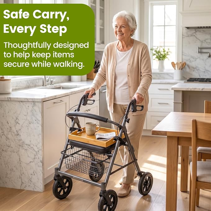 Walker Tray with 2 Adjustable Straps | 15.7"x11.1" Bamboo Walker Tray for Folding Walker, Rollator | Multipurpose Tray for Eating, Laptop, Crafts, Medical Equipment Accessories for Seniors