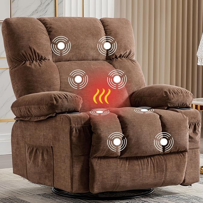 MAHOMICO Oversized Recliner Chair with Massage and Heat, 360° Swivel Rocker | Fabric swivel rocker recliner with ergonomic support, USB charging, cup holders and side pocket for living room