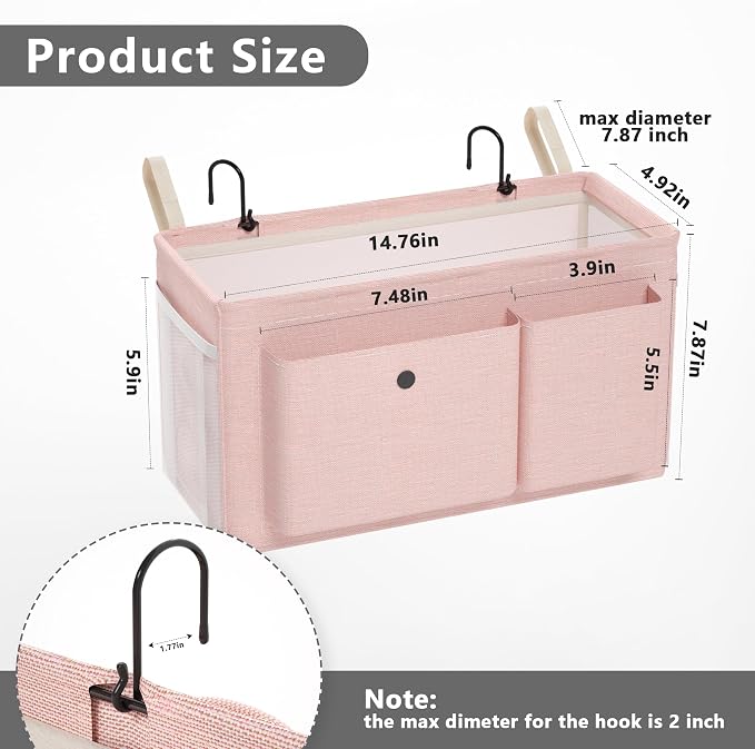 Bedside Caddy Bedside Storage Hanging Organizer for Bunk Dorm Bed Rail | Bed Caddy with Hooks, Top Bunks and Dorm Essentials for Water, Tissues, Tablets, Books, Phones, Remotes and Other Necessories