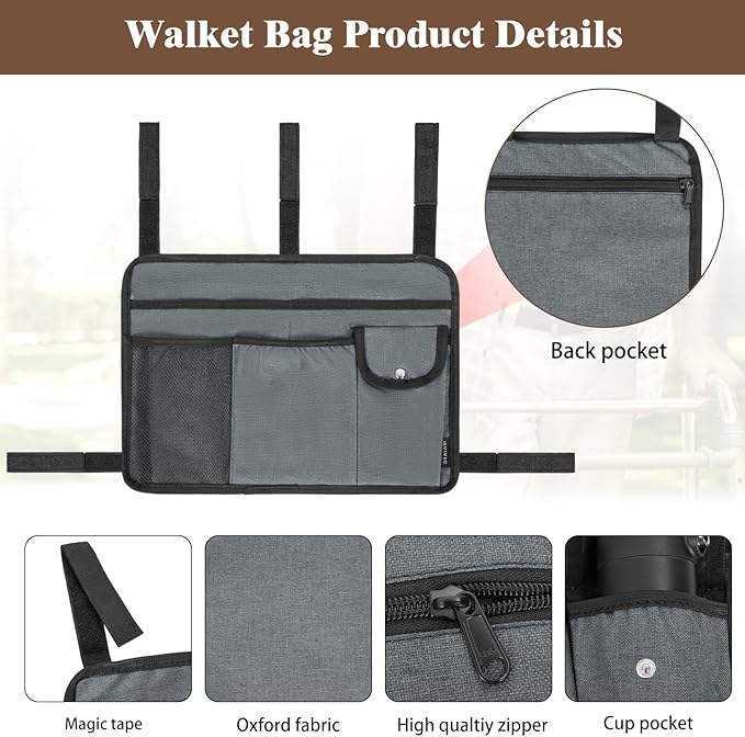 Walker Bag for Folding Walker, Walker Basket for Folding Walkers with Cup Holder Multiple Pockets Bag for Walkers for Seniors Rollator Accessories Bag (Grey)
