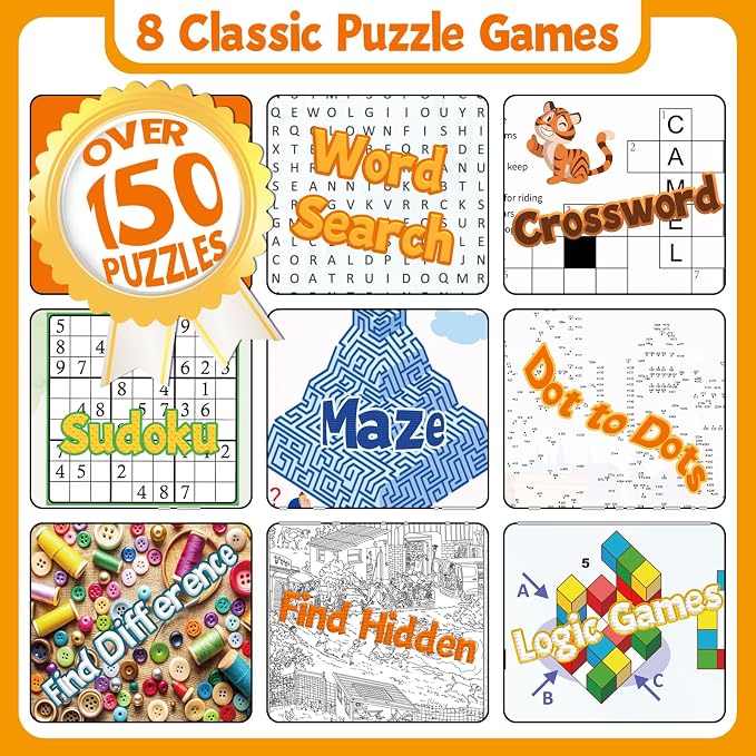 Elfew 4 Pack Activity Book for Adults, Puzzles Books for Seniors | 150+ Brain Games, 8-IN-1 Puzzle Games, Color Printing & Large-Print, Memory Games Includes Word Search, Sudoku, Maze and More