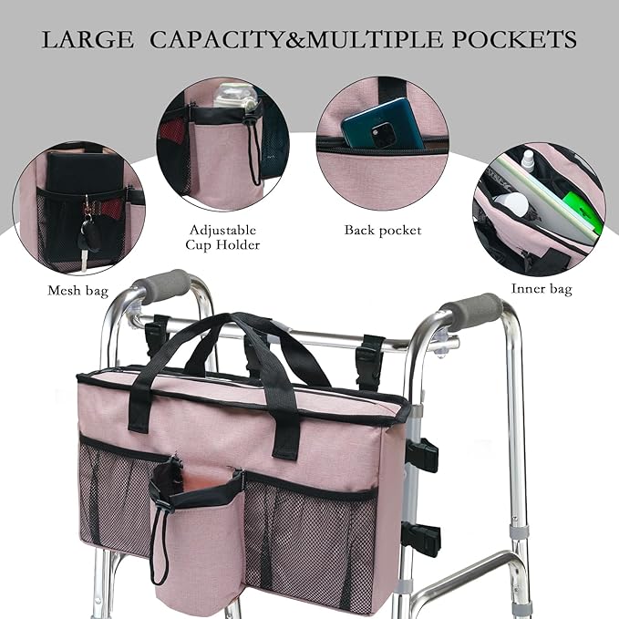 Walker Accessories for Folding Walker Seniors with Cup Holder Walker Bag Organizer Pouch Storage Buckle Carry Things -Pink