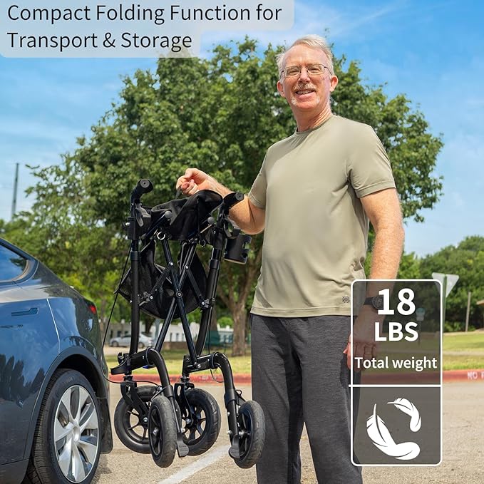 Rollator Walker for Seniors, Lightweight Foldable All Terrain Rolling Walker with seat, Aluminum Walkers with 10 inch Rubber Wheels, Handles and Backrest for Seniors and Adult