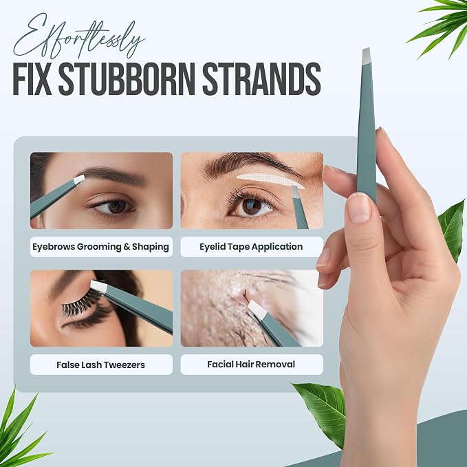 Professional Slant Tip Tweezers - Precision Stainless Steel Eyebrow Plucking Tool for Women and Men, Ingrown Hair Remover, Facial Hair Tweezers for Grooming (Olive Fog)