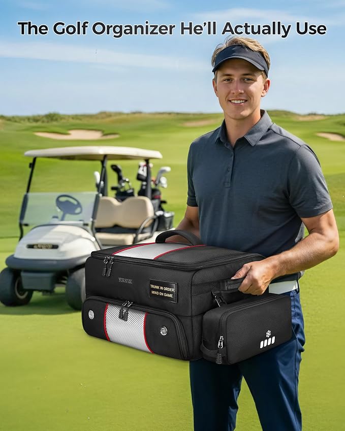 YOREPEK Upgraded Golf Trunk Organizer with Removable Insulated Pouch | Golf Gifts for Men, Golf Organizer with Dust-Proof Protective Layer, Multi-Compartment fit 2 Pairs of Shoes, Golfing Stuff