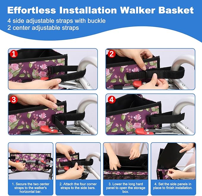 supregear Walker Basket, Foldable Walker Bag with Cup Holder, Storage Pouch with Large Capacity and Never Tipping Over, Hand-Free for Seniors Elderly, Not Fit for Rollator, Floral Purple