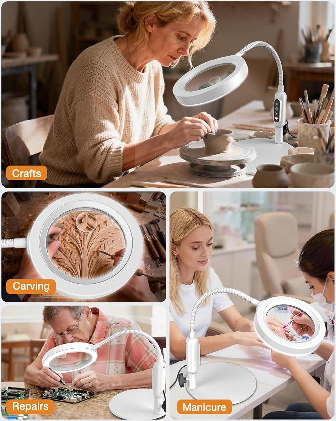 30X 10X Magnifying Glass with Light and Stand, 5 Color Modes Stepless Dimmable, Optical Grade HD Lens, LED Lighted Magnifier Hands Free with 16in Flexible Gooseneck for Close Work - White