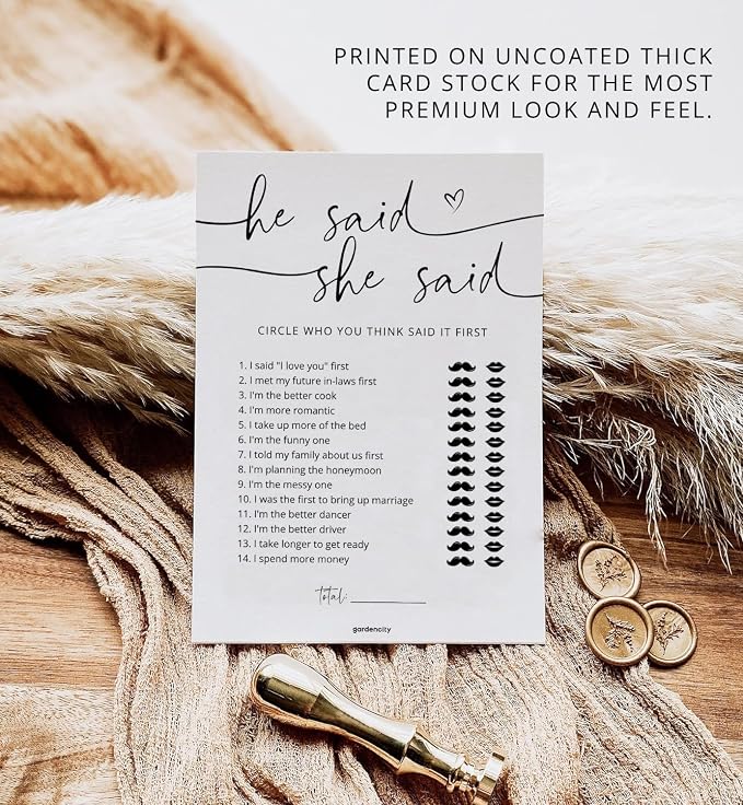 GardenCity Bridal Shower Games, He Said She Said Bridal Shower Game for 50 Guests, Minimalist