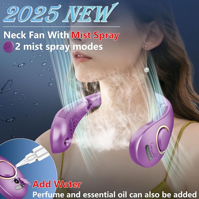 Neck Cooler Fan-Portable Fan with Mist,Rechargeable Neck Fan,Personal Cooling Device,Neck Coolersfor Hot Weather,Battery Powered Best Gifts for Father'S Day Mom Dad Kids Birthday Purple