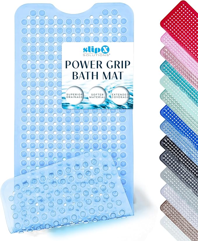 SlipX Solutions Power Grip Bathtub Safety Mat | Precision Grip Technology for Longer, Stronger, & Softer Wet Surface Protection | Clear Light Blue 39"x16"
