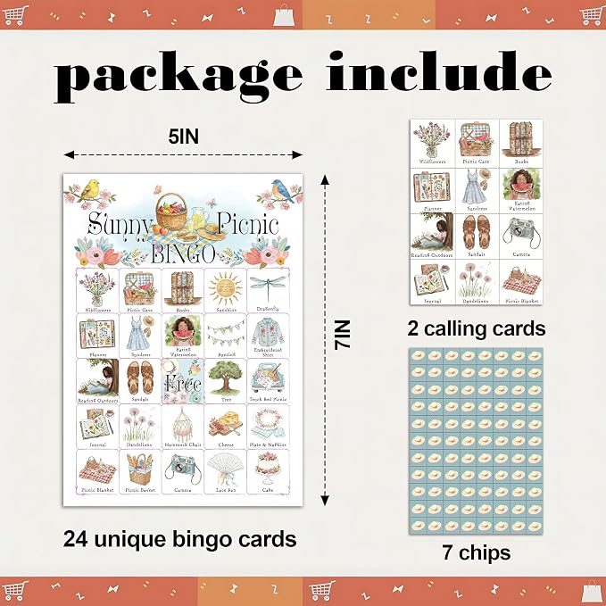 Picnic Bingo Game Cards, Sunny Picnic Bingo Set for Adults Large Group, Summer Themed Fun Games, Camping Party Activities Icebreaker Games for Family Friends, 14