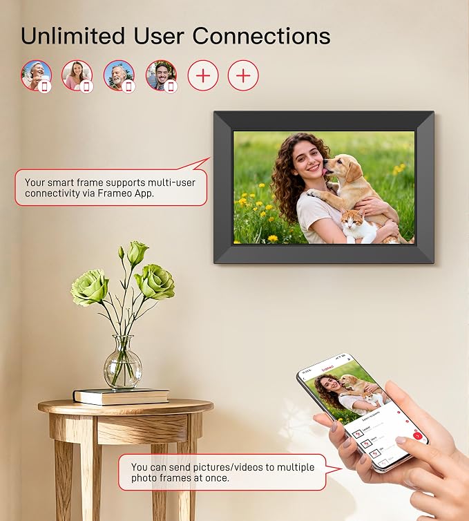 BIGASUO Digital Picture Frame, 10.1" Frameo Digital Frame WiFi with 32GB Memory, 1280x800 IPS Touch Screen, Send Photos/Videos from Your Phone Anywhere, Photo Gifts for Parents and Grandparents