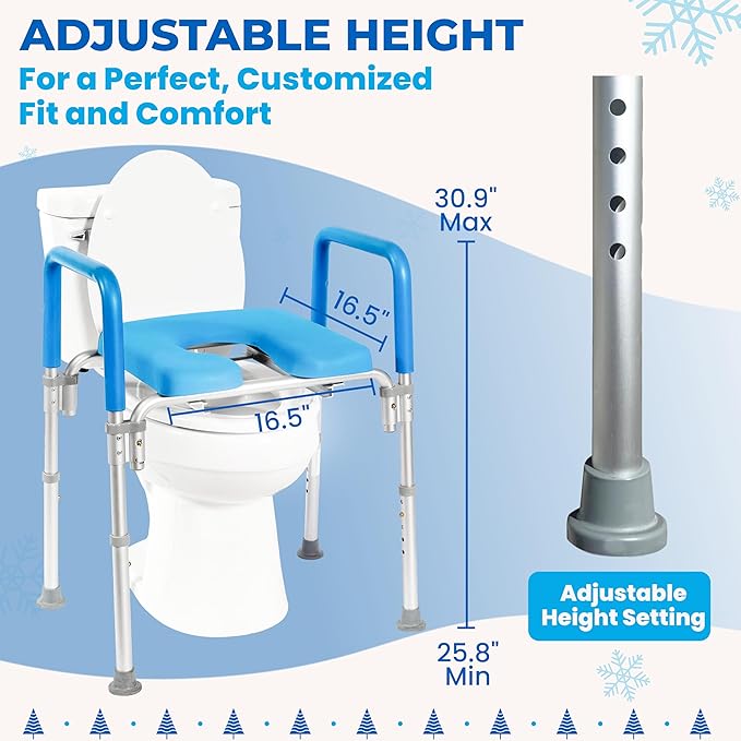 Ultimate Raised Toilet Seat with Handles, Bedside Commode, Padded Armrests, Adjustable Height, Premium Elevated Toilet Seat for Elderly Bathroom Safety with Arms, Standard and Elongated Toilets, Blue