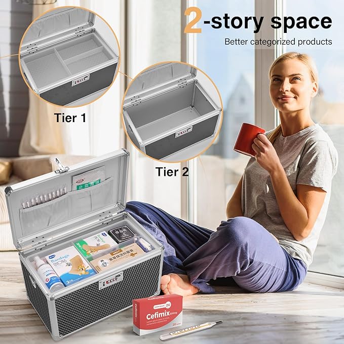 Medicine Lock Box with Combination Lock - 10 x 6 x 6.7 Inches - First Aid Safe Medication Storage Box, Personal Items Safe Case for Home and Outdoor - Black 【No Strap】