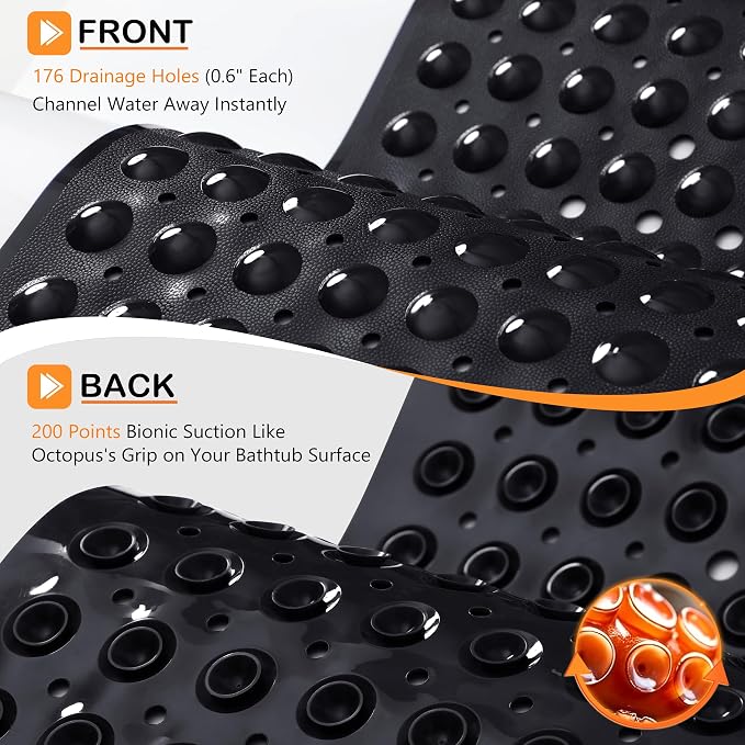 Yimobra Non Slip Bathtub Mat 40 x 16 Inch, Extra Long Shower Mat with Drain Holes, Machine Washable Baby Bath Mats, Strong Suction Cups for Bathroom Floor, Black