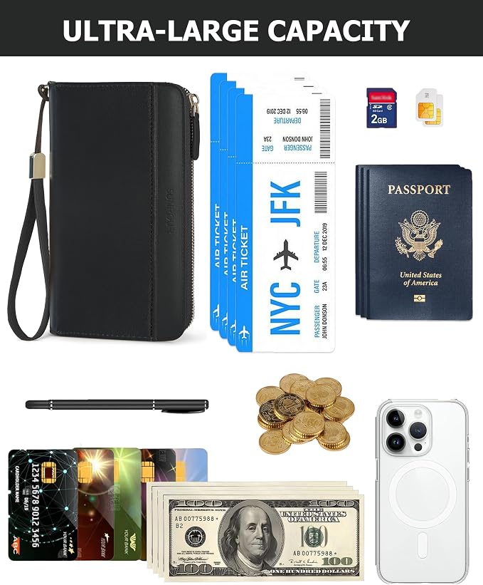 Large Travel Wallet for Women | RFID Blocking Zipper Wallet,Passport Holder Clutch with Wristlet
