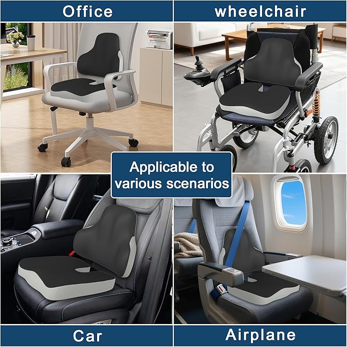 Cushion and Lumbar Support Pillow, Relief Pressure Seat Cusion for Chairs & Car Seat, Ergonomic Design Cusion for Tailbone Pain Relief, Sciatica & Back Support (Black Grey, Lumbar&Cusion)