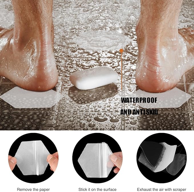 Original Bathtub Stickers Non-Slip, Hexagon Safety Shower Treads Adhesive Appliques with Premium Scraper