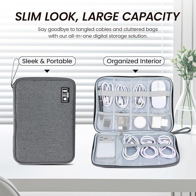 Electronic Organizer Travel Case, Slim Cable Accessories Pouch, Single Layer Tech Pouch & Cord Storage Bag for Chargers, Power Bank, SD Cards - Minimalist Travel Essentials